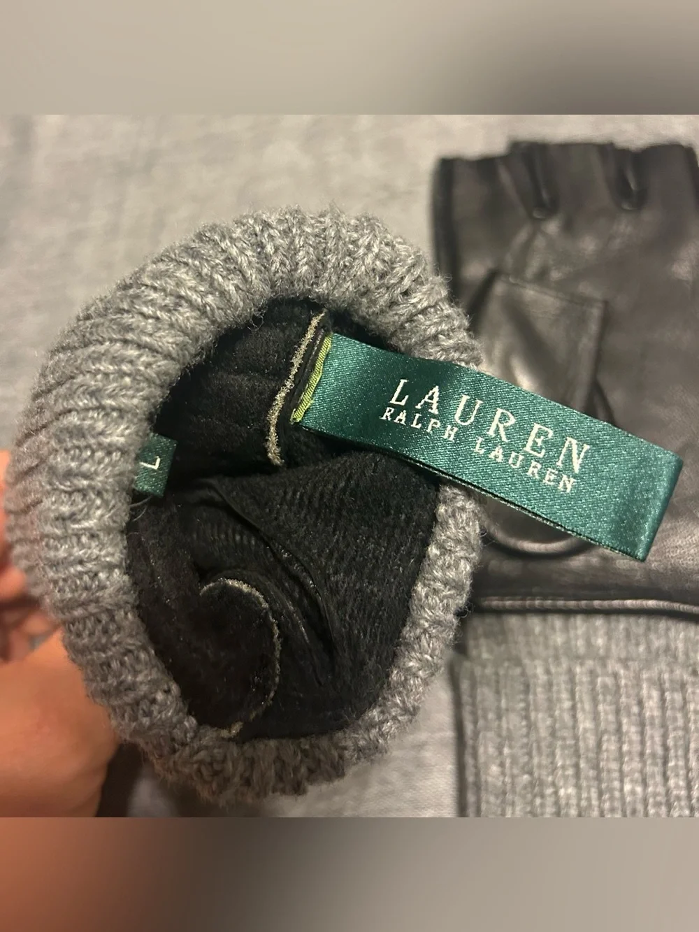 Lauren Ralph Lauren Black Leather Fingerless Gloves with Gray Knit Cuffs Size L